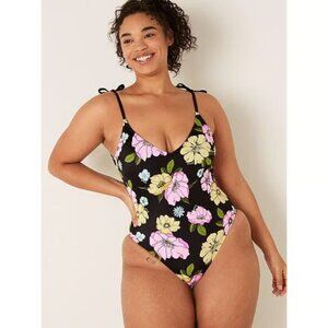 Pink Victoria’s Secret Plunge One-Piece Swimsuit Black Floral Size L NWOT